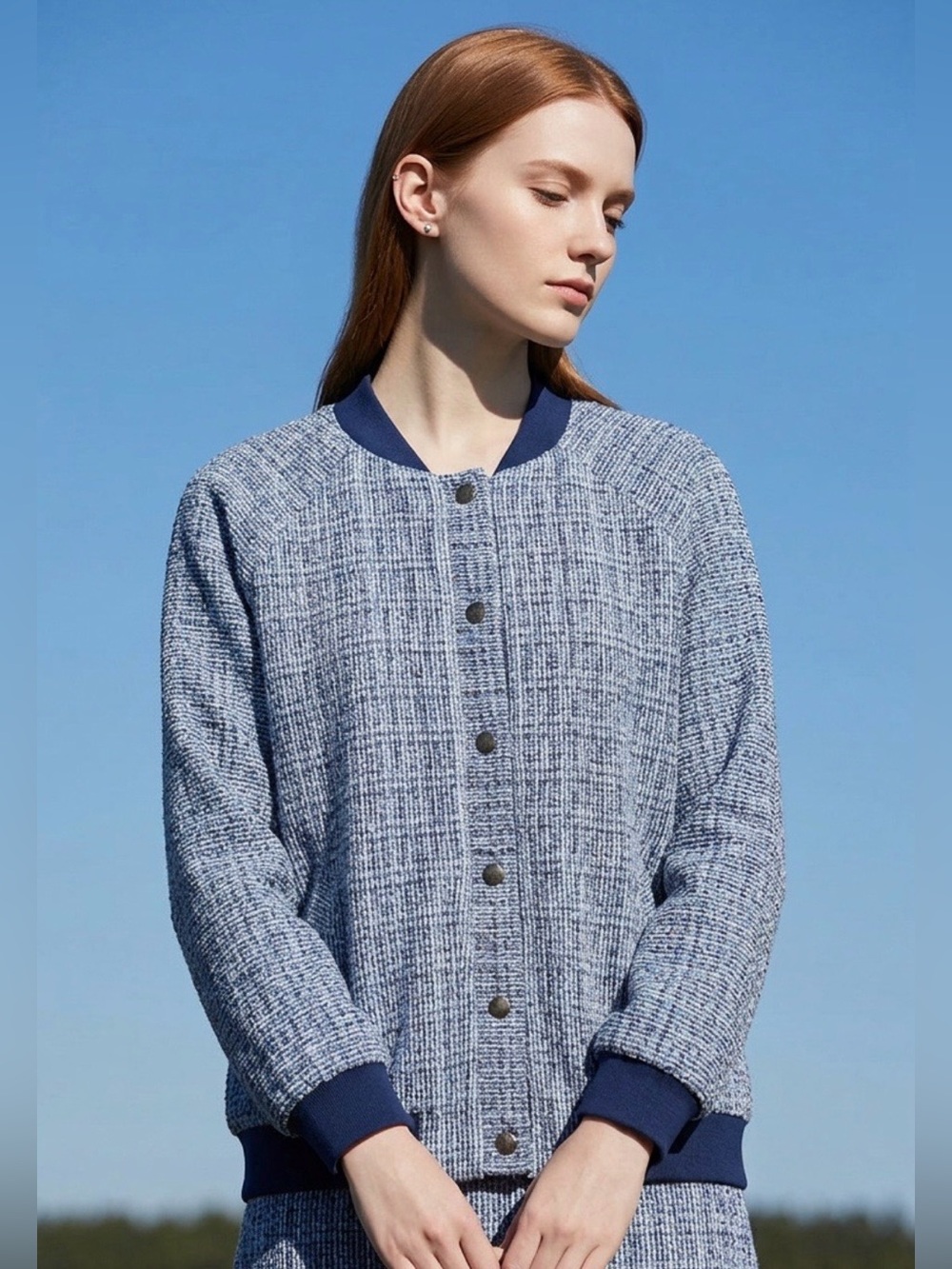 Isaac Mizrahi Women's Navy Tweed Bomber Jacket in 2X
